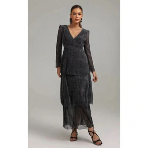 Tiered V Neck Print Long Sleeve Midi Dresses